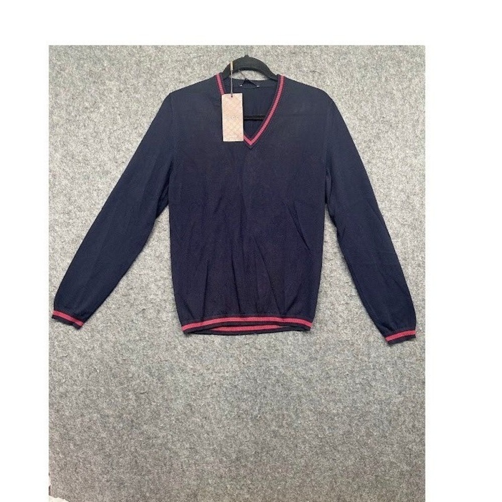 Gucci Men Navy Blue V-Neck Sweater Red Striped Trim Size S NWT